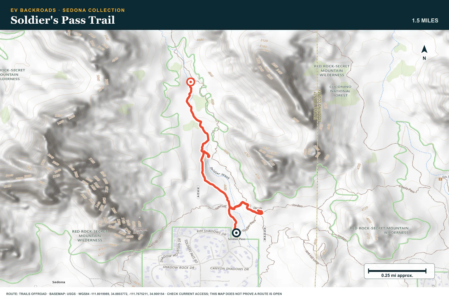 Topographic route map for Soldier's Pass Trail