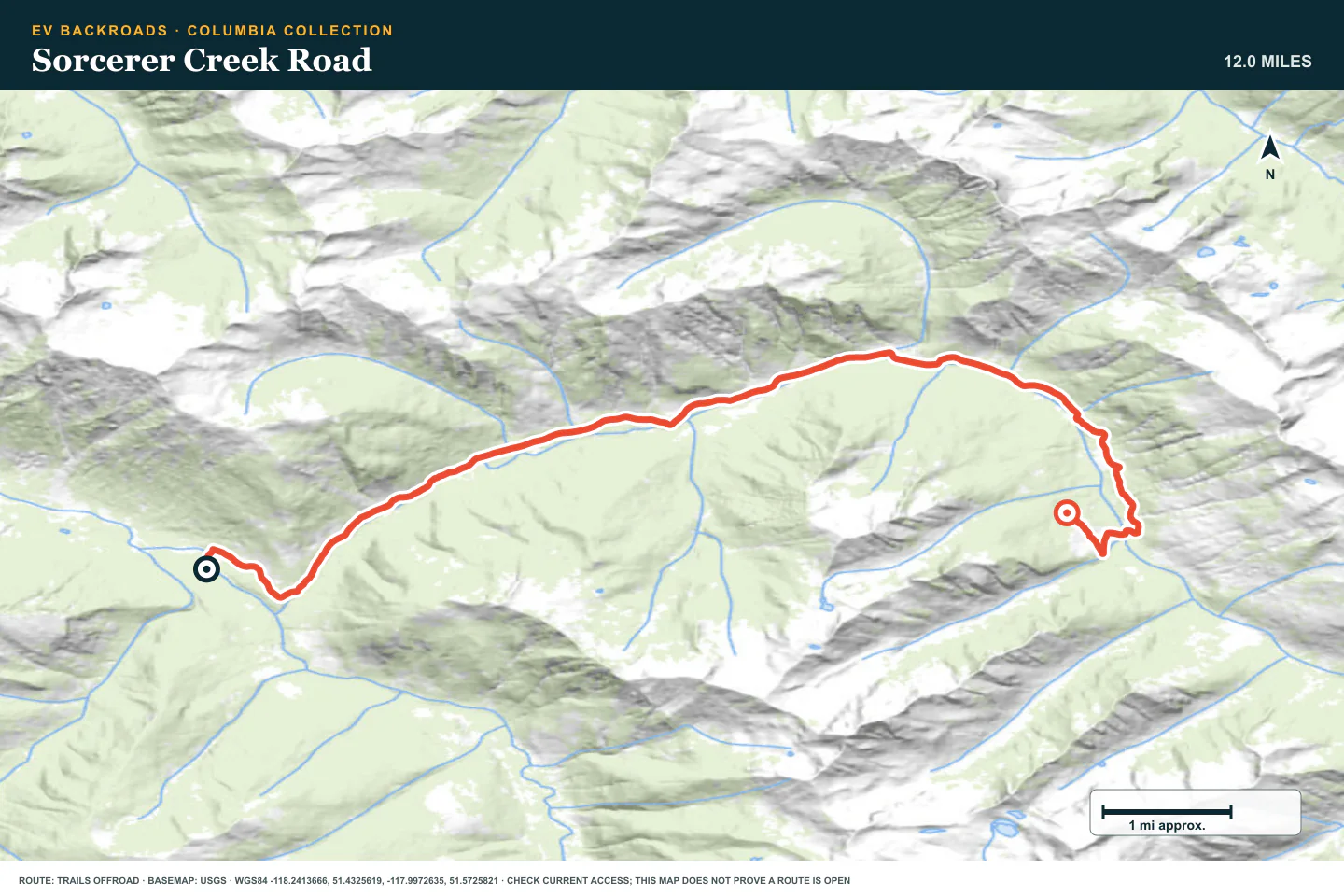 Topographic route map for Sorcerer Creek Road