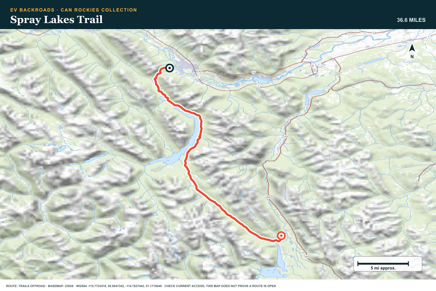 Topographic route map for Spray Lakes Trail