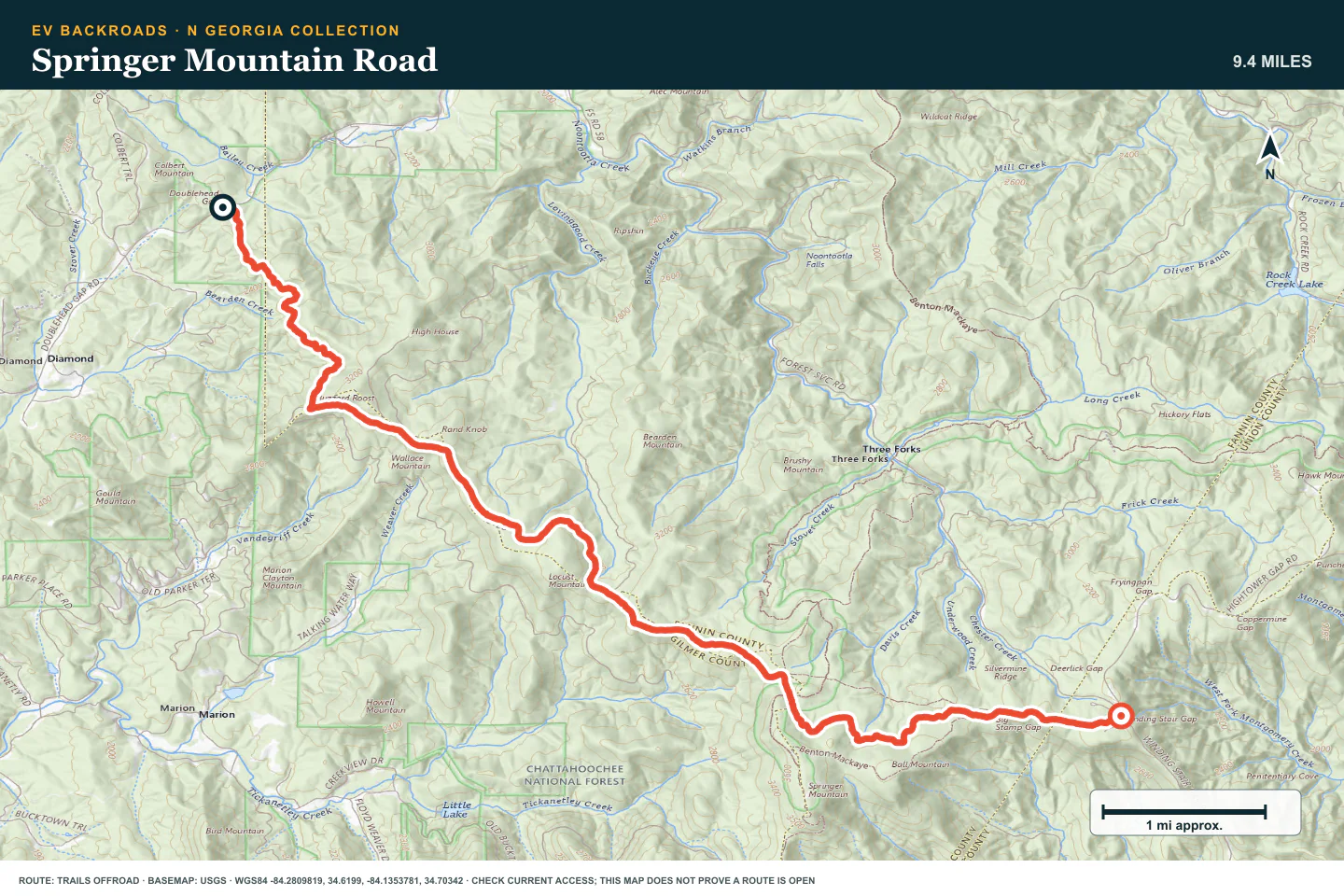 Topographic route map for Springer Mountain Road