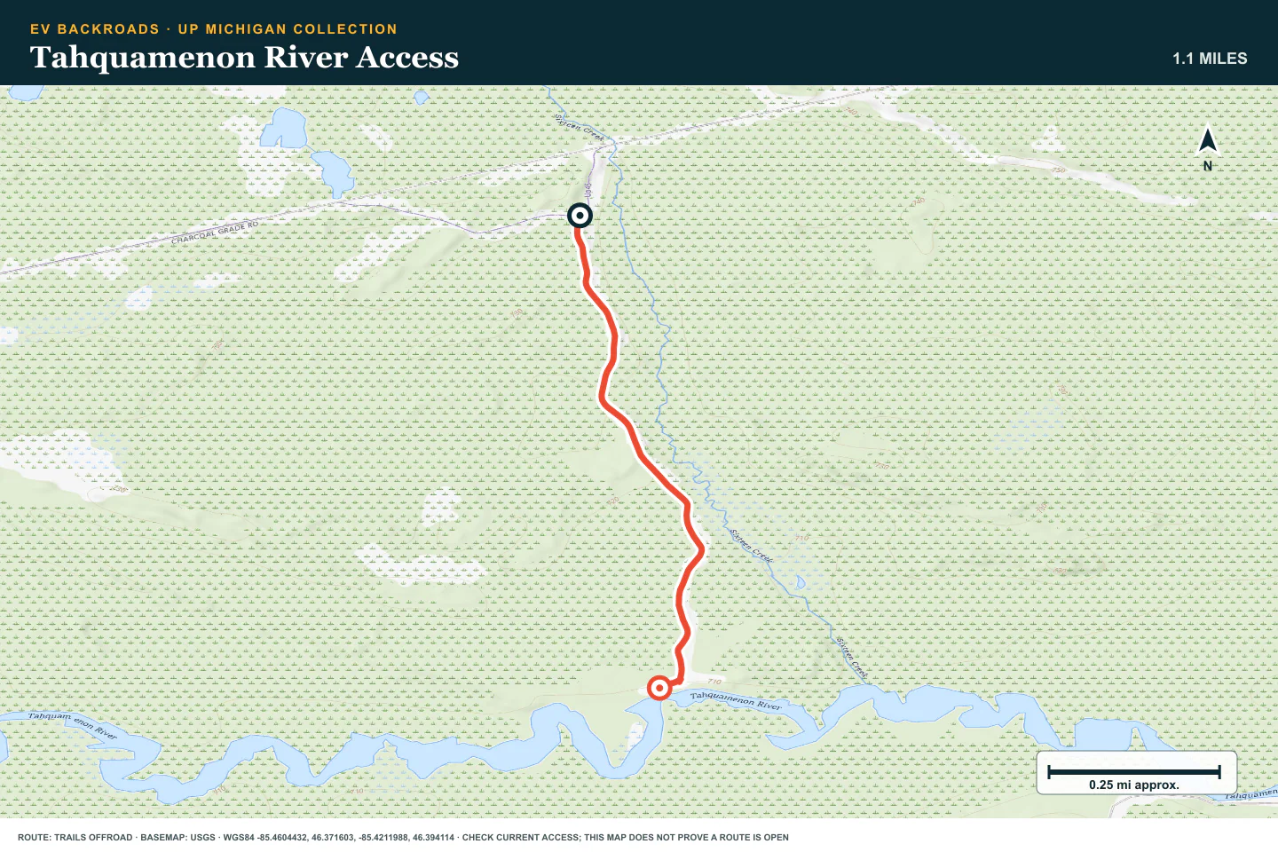 Topographic route map for Tahquamenon River Access
