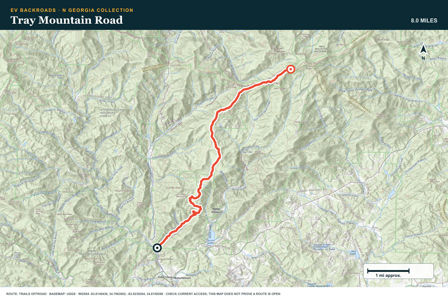Topographic route map for Tray Mountain Road
