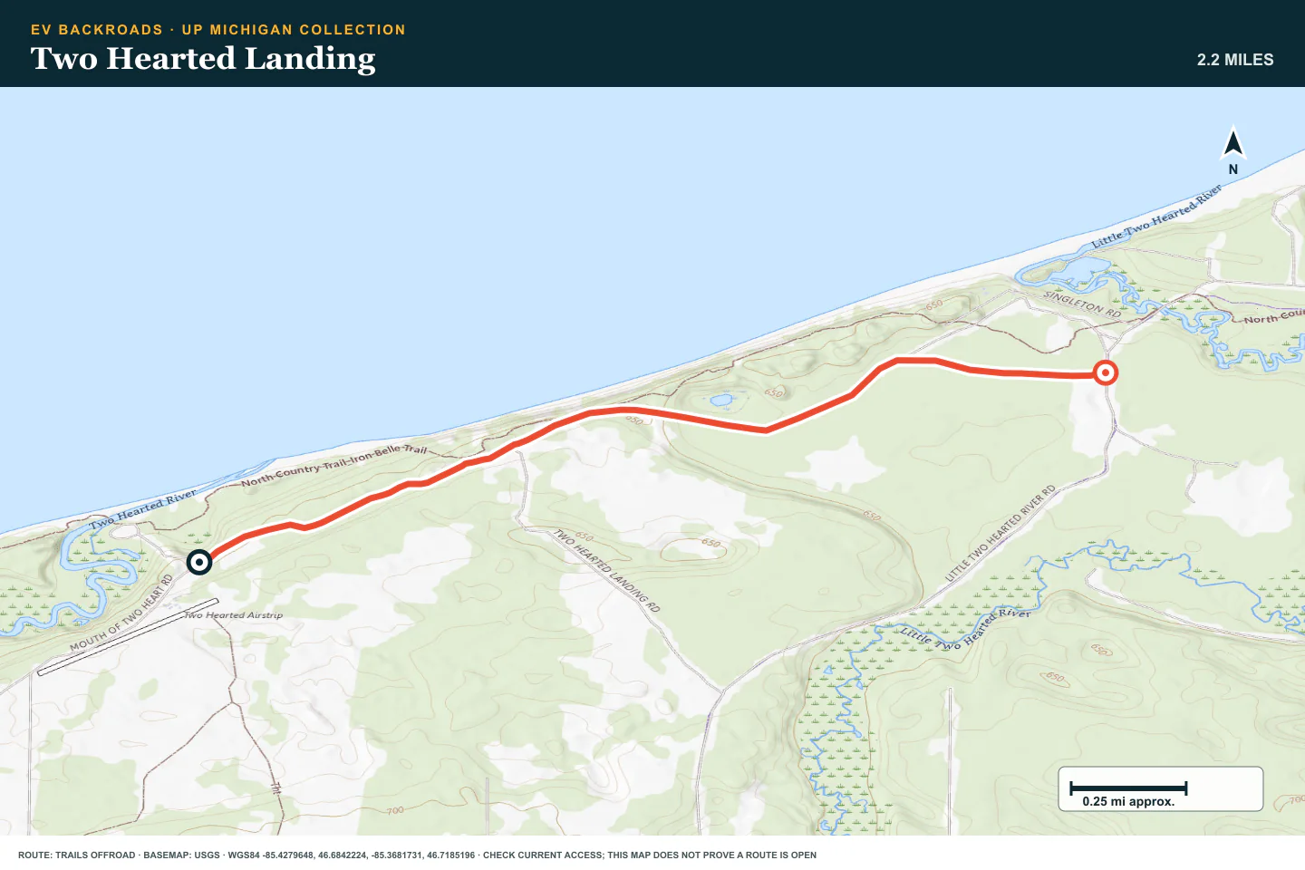 Topographic route map for Two Hearted Landing