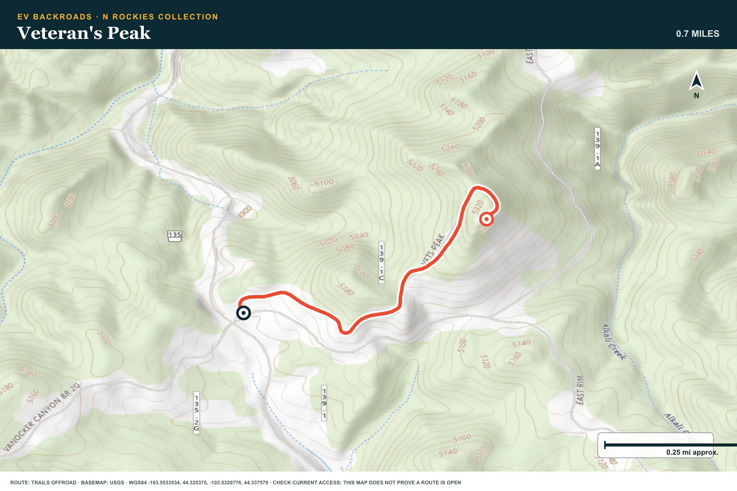 Topographic route map for Veteran's Peak