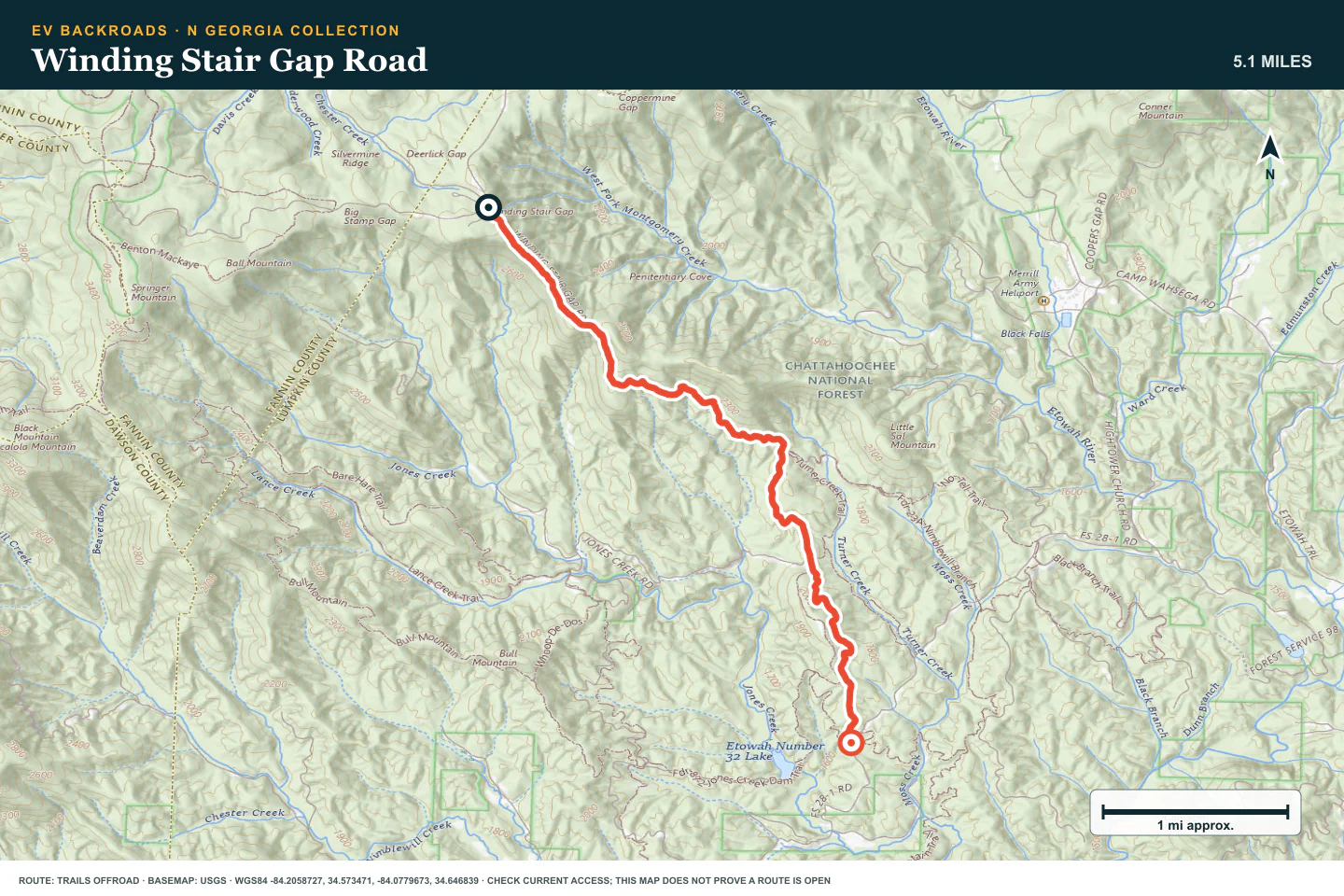 Topographic route map for Winding Stair Gap Road