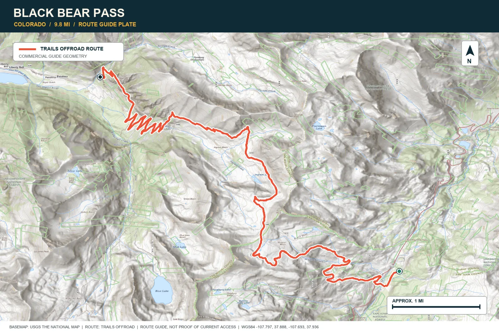 Topographic route map for Black Bear Pass