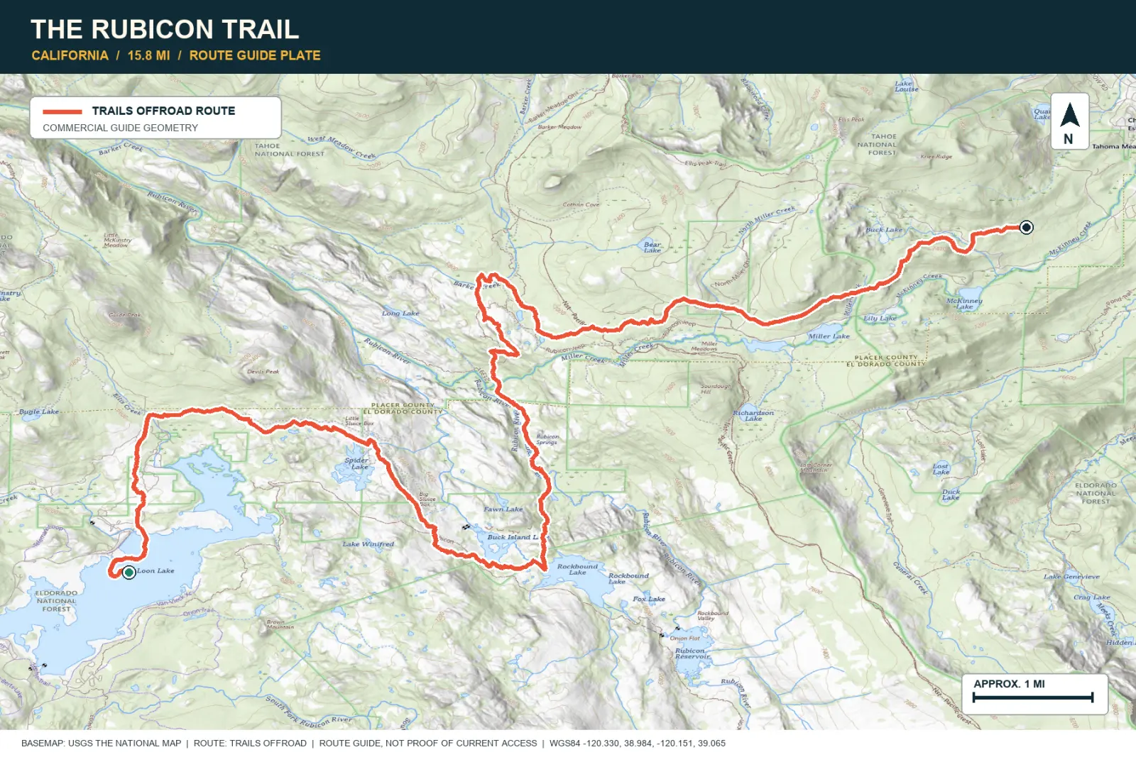 Topographic route map for The Rubicon Trail