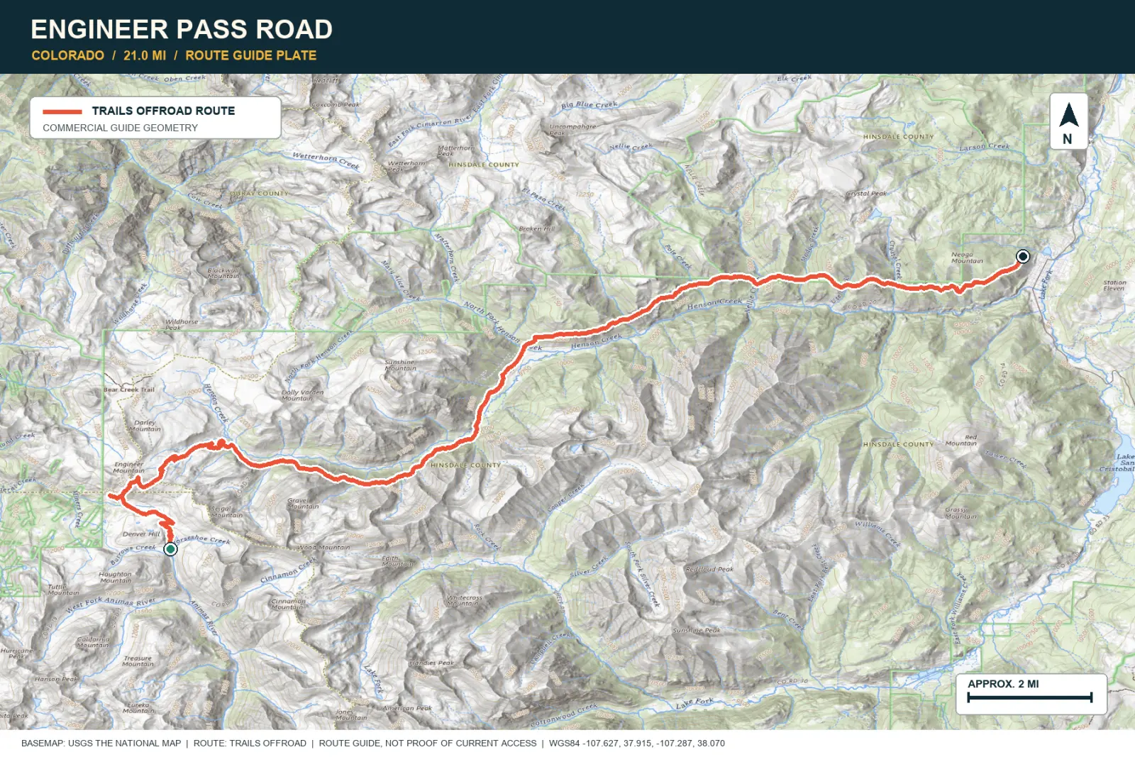 Topographic route map for Engineer Pass Road