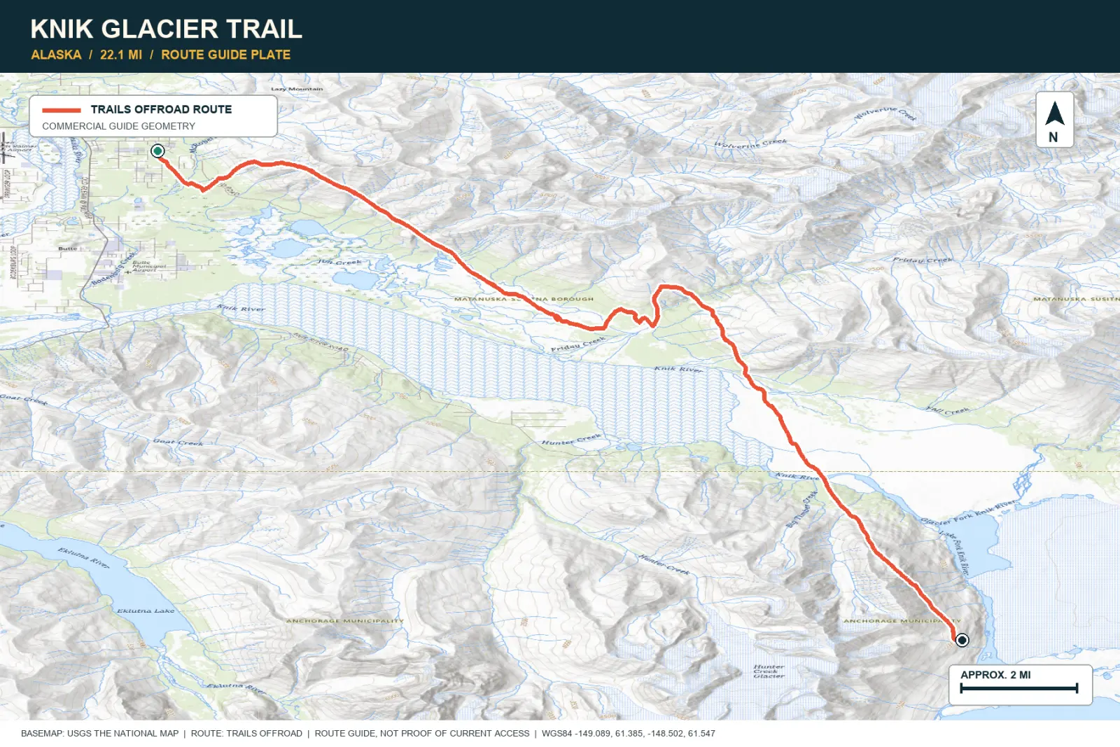 Topographic route map for Knik Glacier Trail