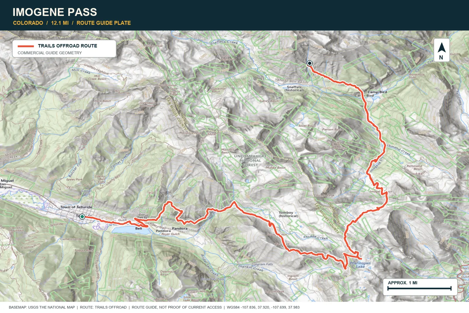 Topographic route map for Imogene Pass