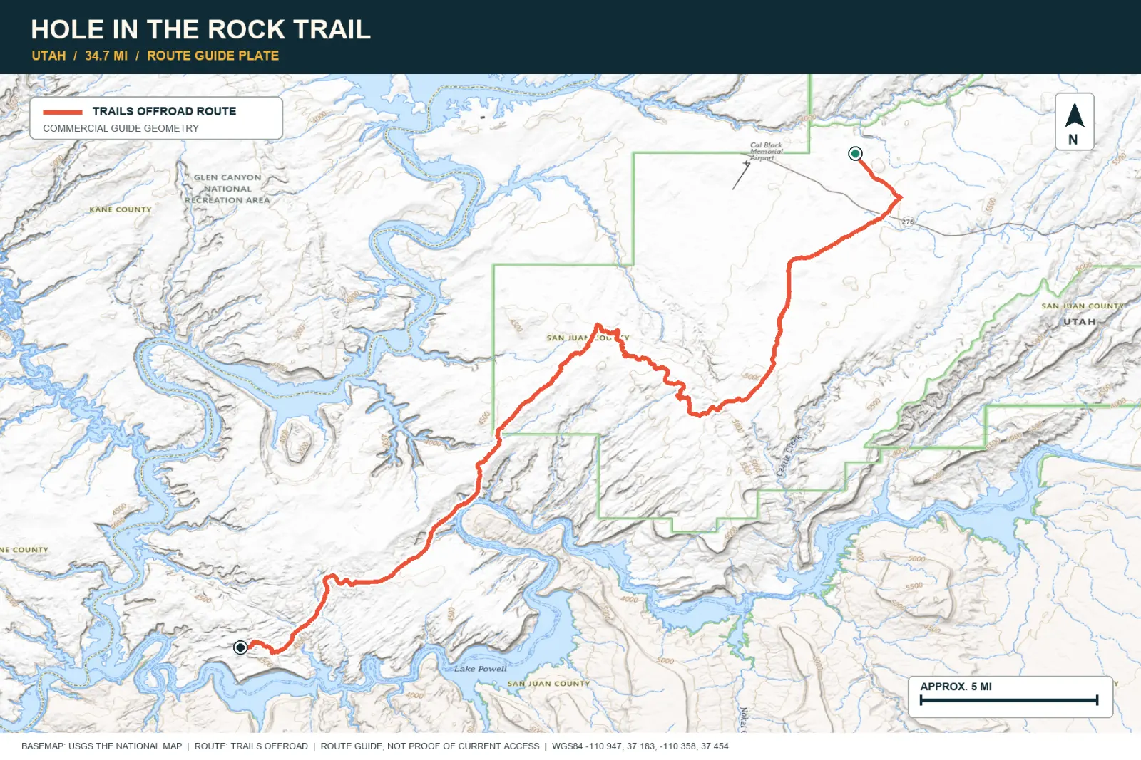 Topographic route map for Hole in the Rock Trail