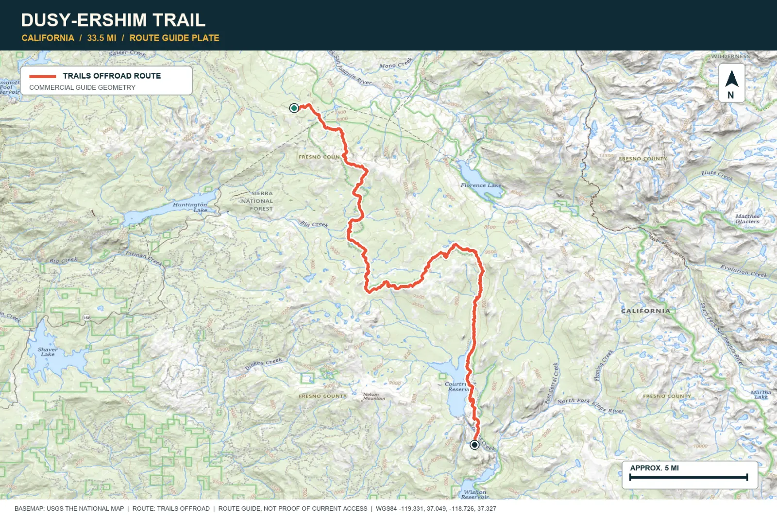 Topographic route map for Dusy-Ershim Trail