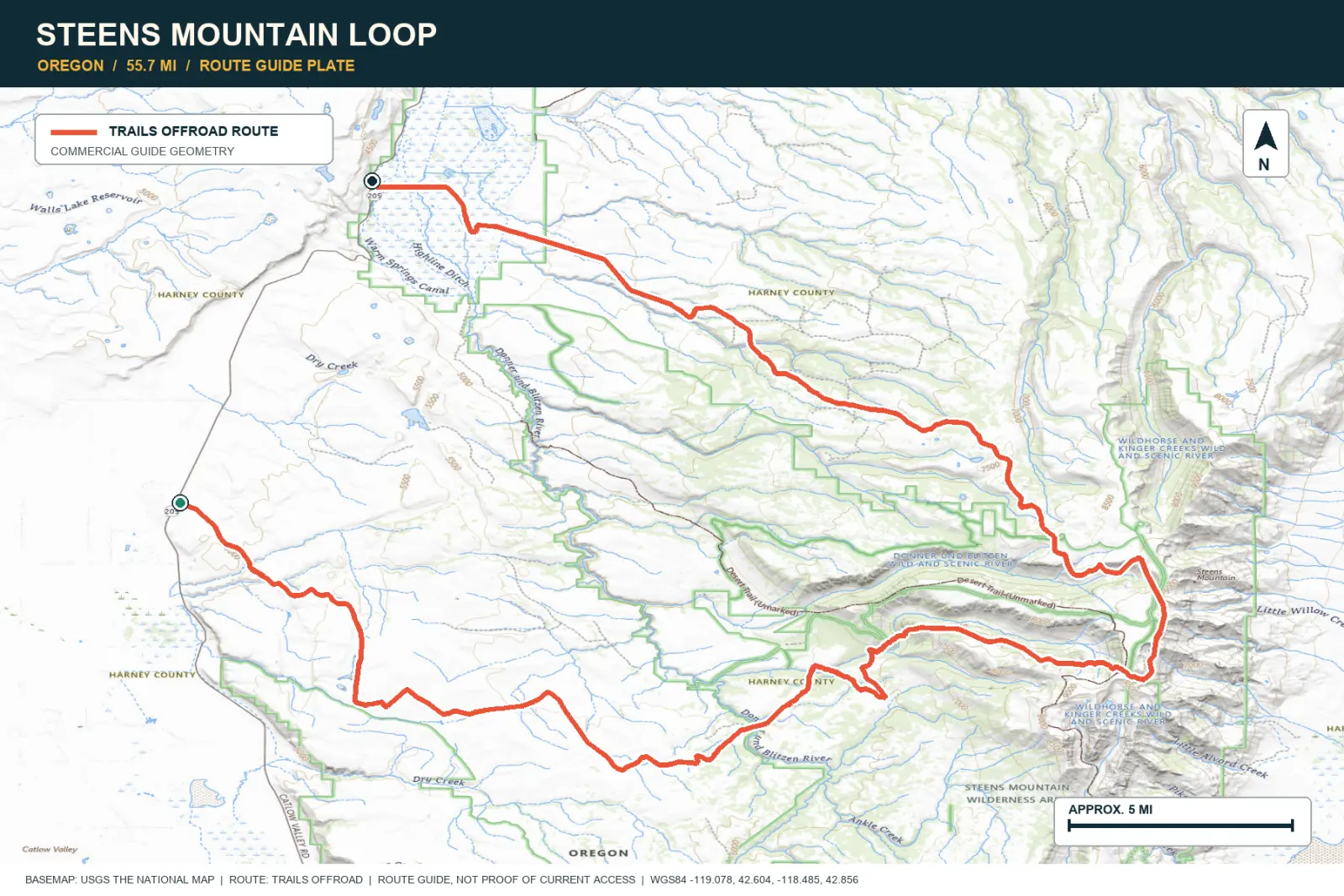 Topographic route map for Steens Mountain Loop