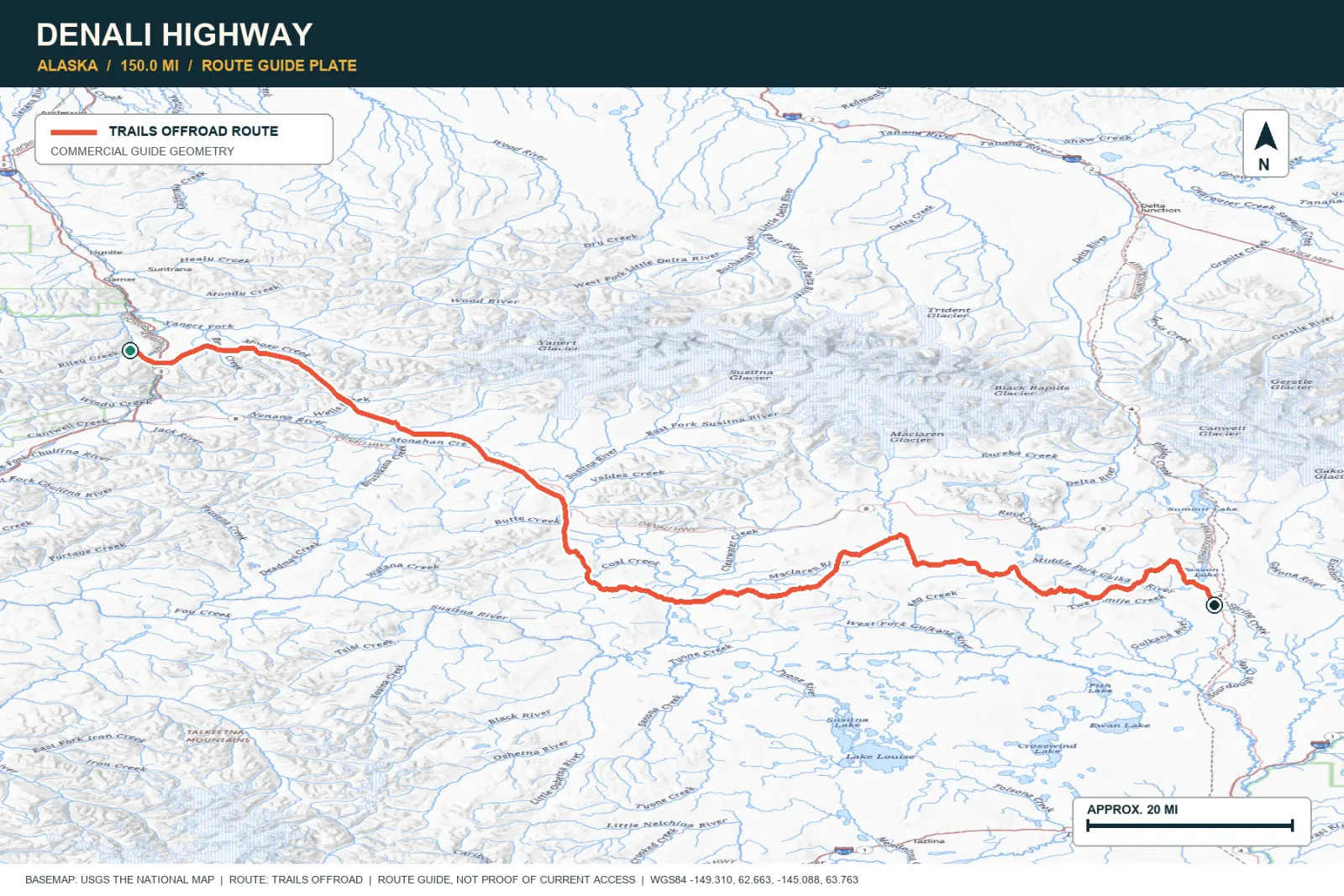 Topographic route map for Denali Highway