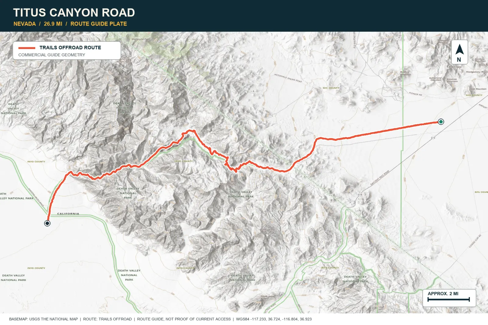 Topographic route map for Titus Canyon Road