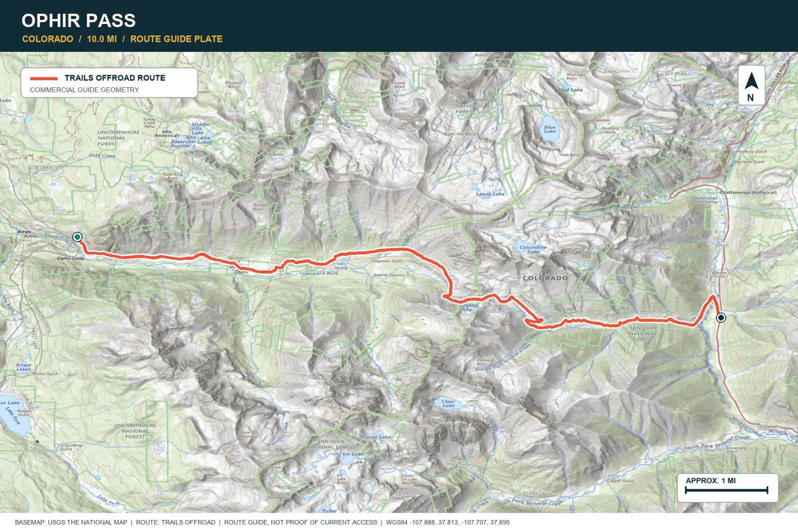 Topographic route map for Ophir Pass