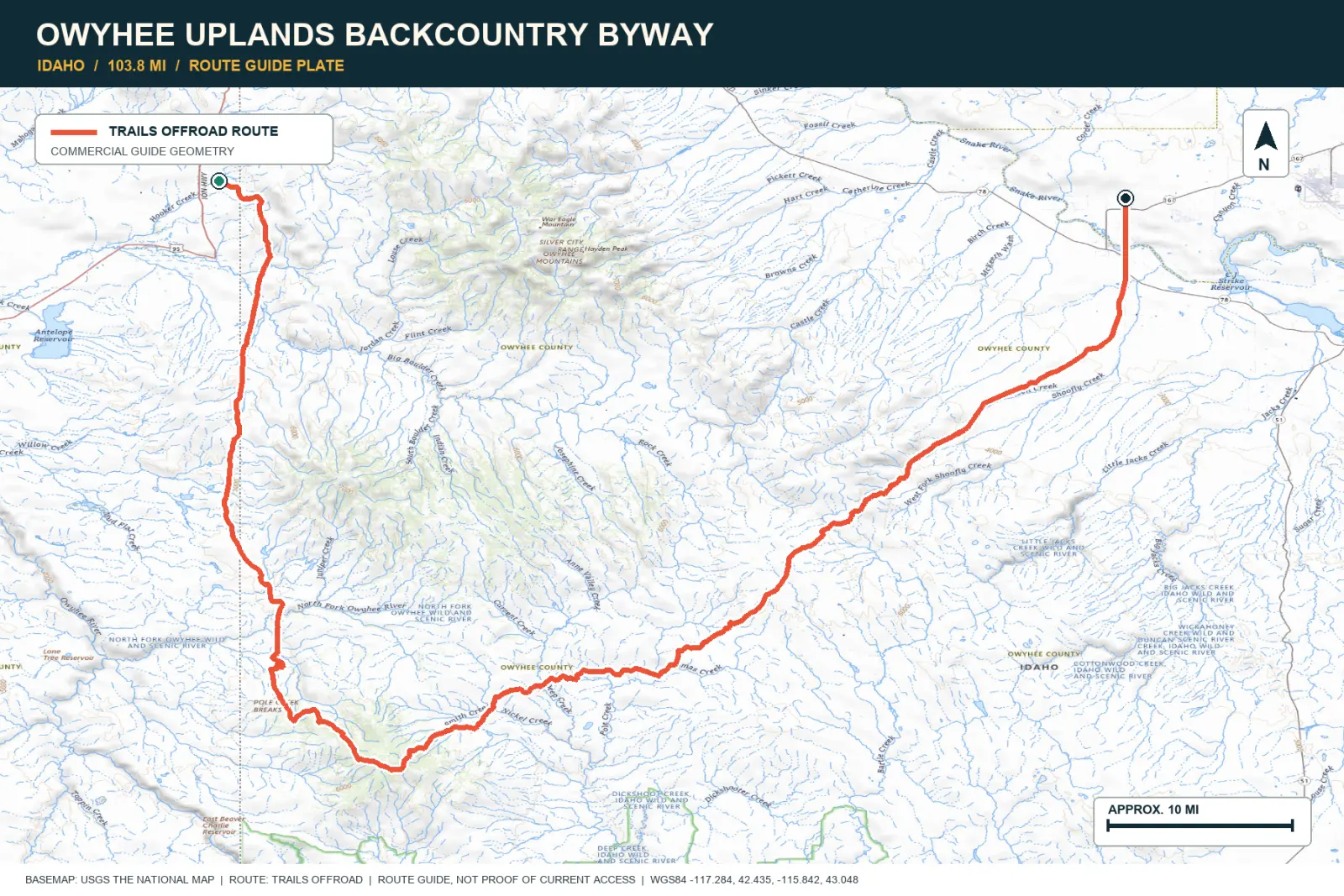 Topographic route map for Owyhee Uplands Backcountry Byway