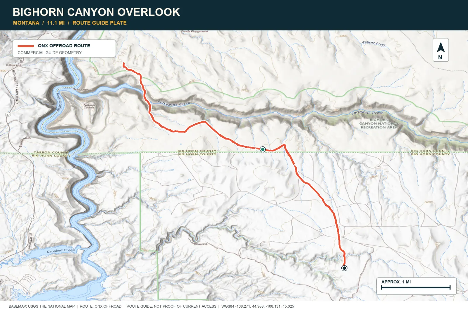 Topographic route map for Bighorn Canyon Overlook