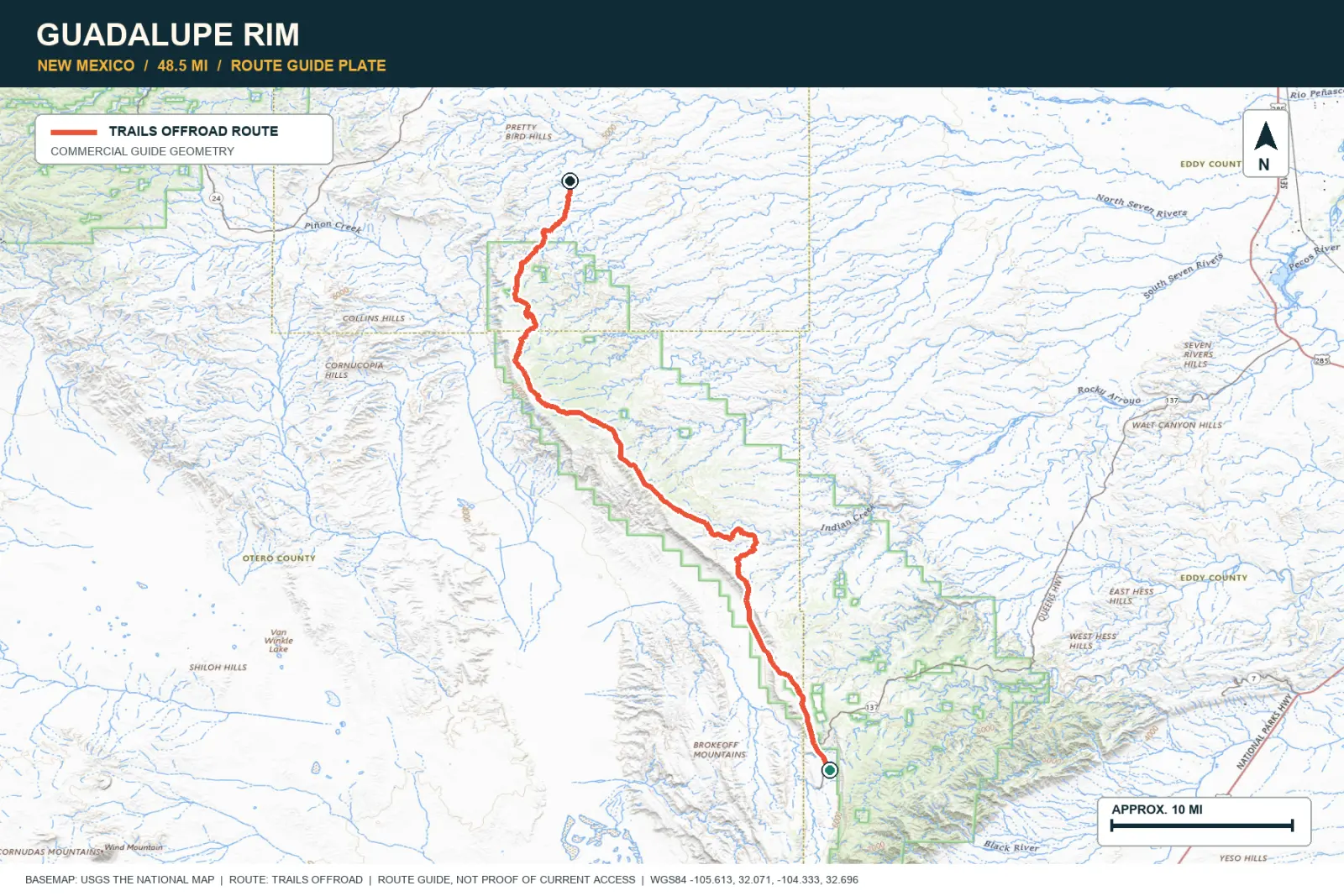 Topographic route map for Guadalupe Rim