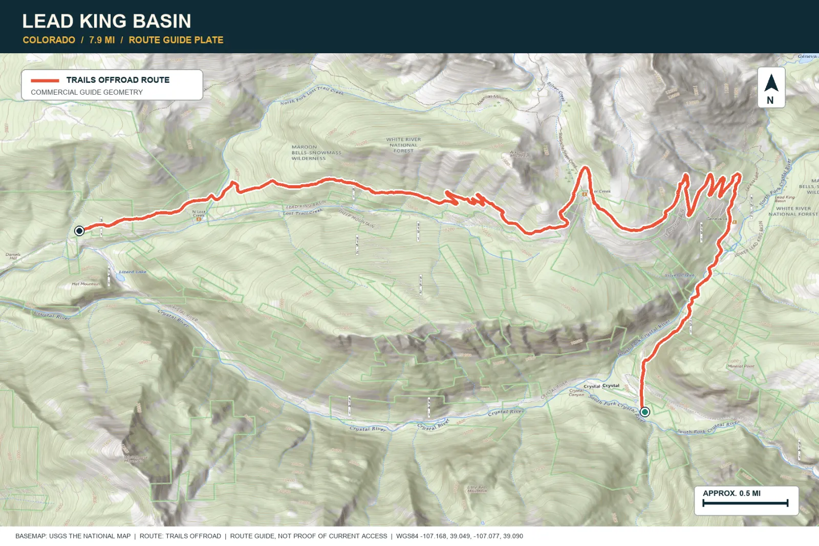 Topographic route map for Lead King Basin