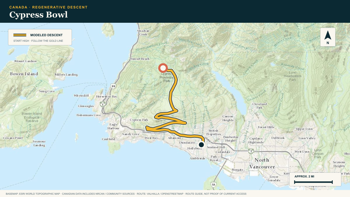 Topographic route plate for the Cypress Bowl descent