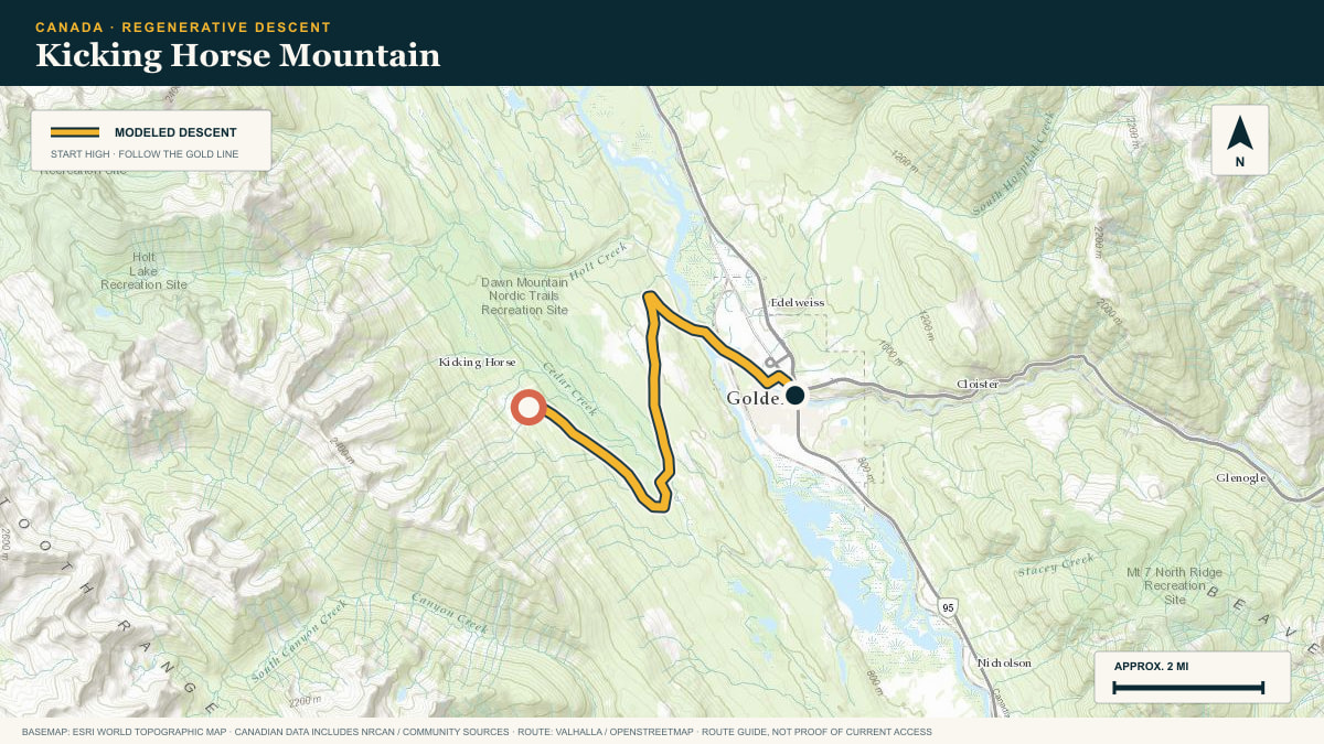 Topographic route plate for the Kicking Horse Mountain descent