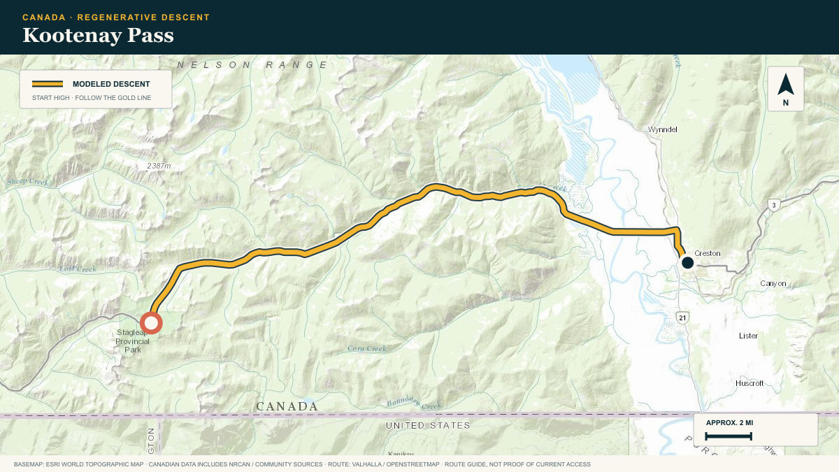 Topographic route plate for the Kootenay Pass descent