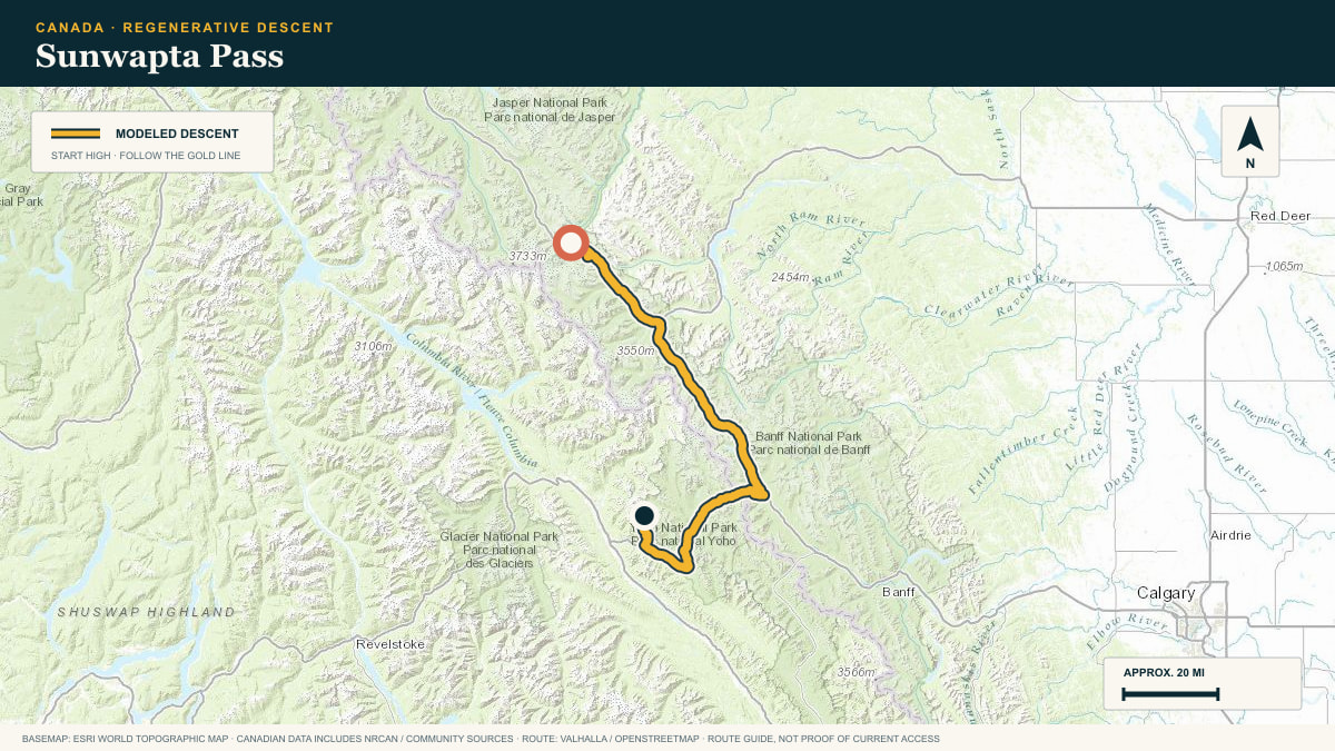 Topographic route plate for the Sunwapta Pass descent