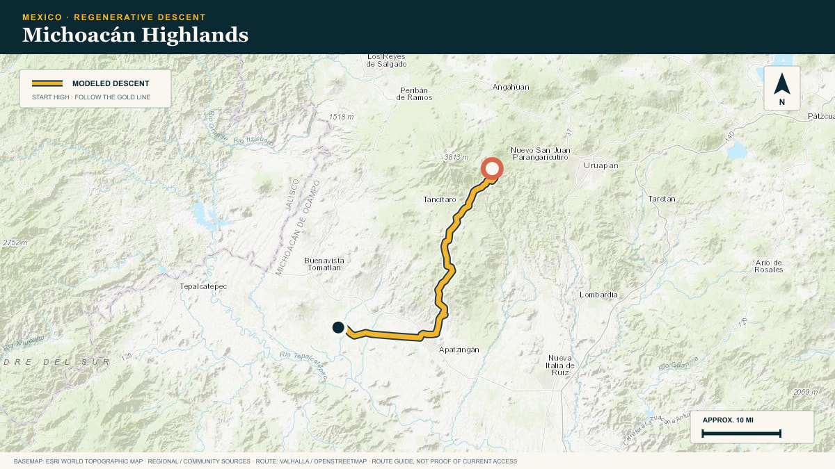 Topographic route plate for the Michoacán Highlands descent