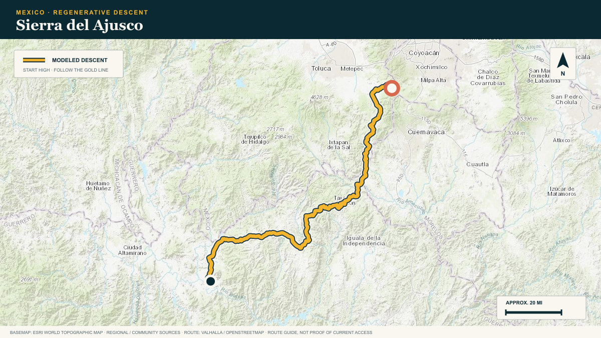 Topographic route plate for the Sierra del Ajusco descent