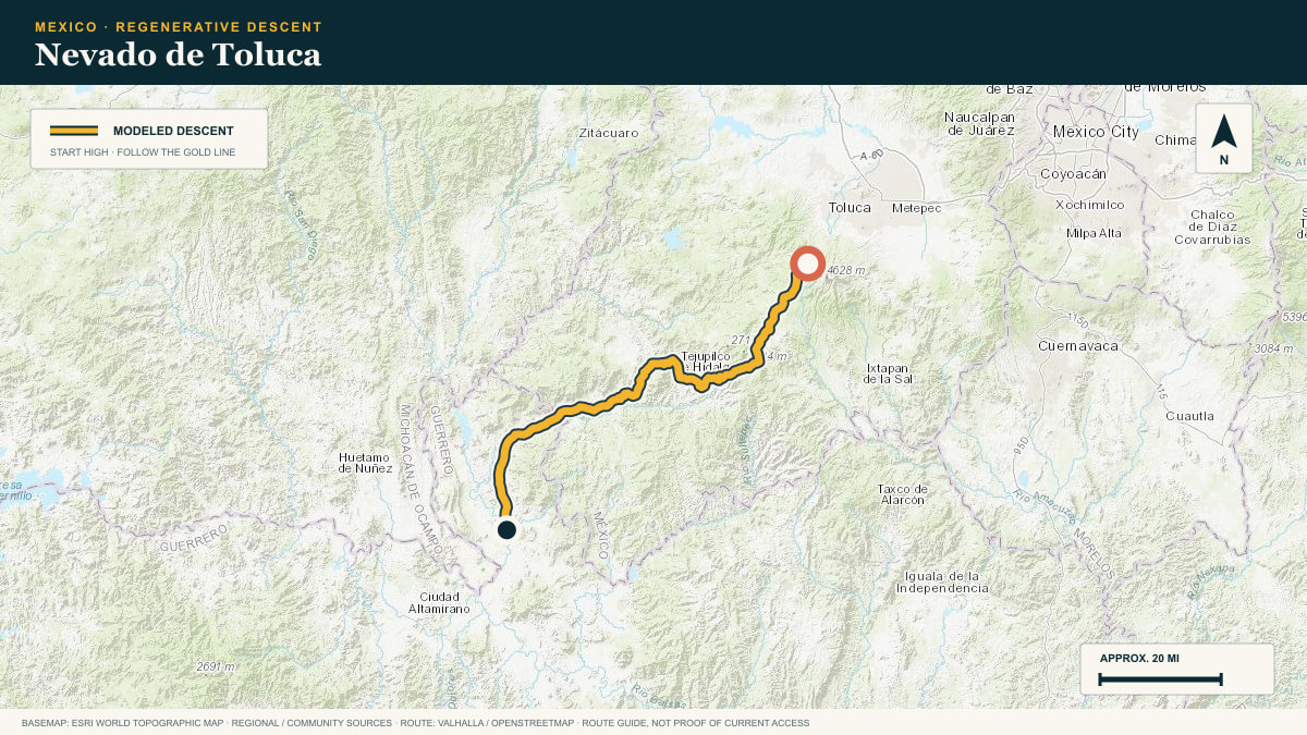 Topographic route plate for the Nevado de Toluca descent