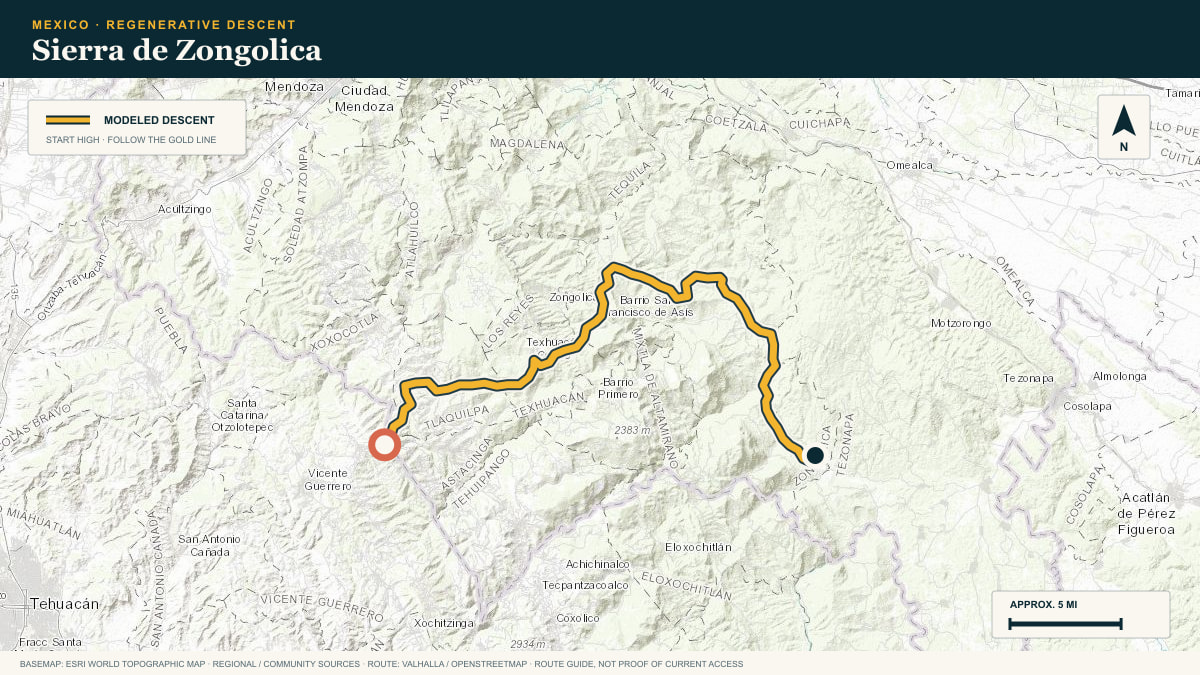Topographic route plate for the Sierra de Zongolica descent