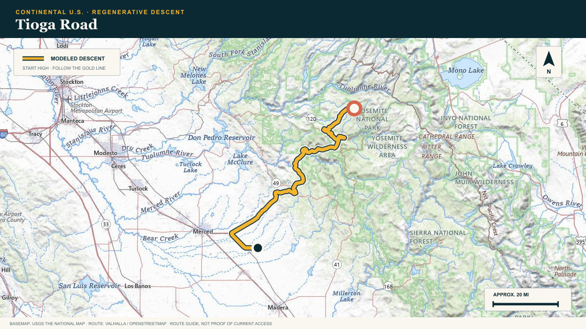 Topographic route plate for the Tioga Road descent