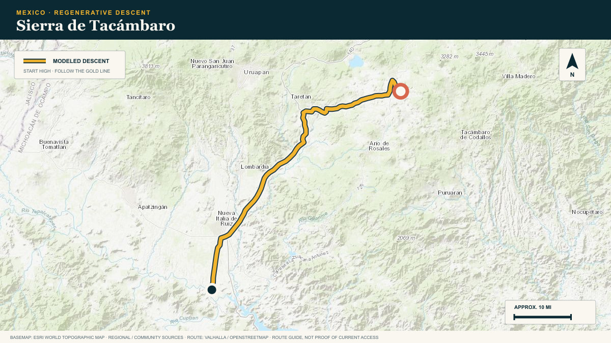 Topographic route plate for the Sierra de Tacámbaro descent