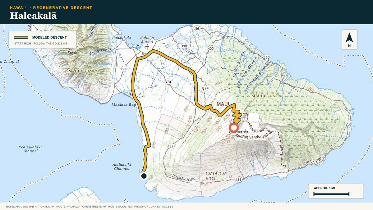 Topographic route plate for the Haleakalā descent