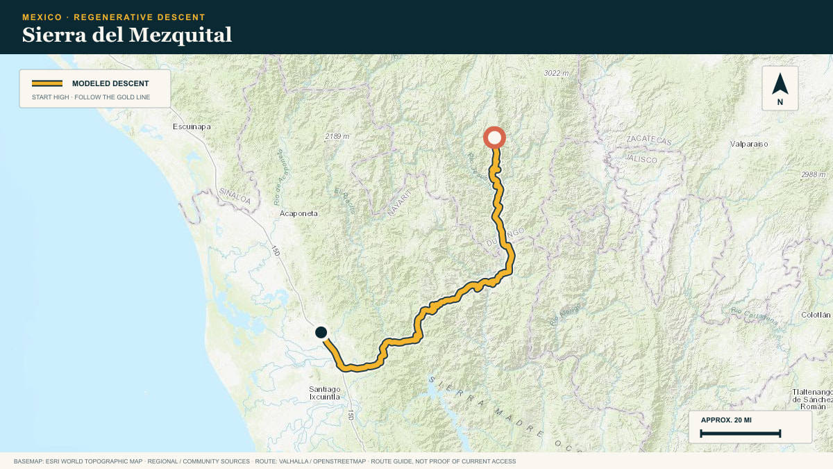 Topographic route plate for the Sierra del Mezquital descent