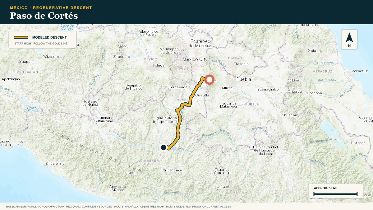 Topographic route plate for the Paso de Cortés descent
