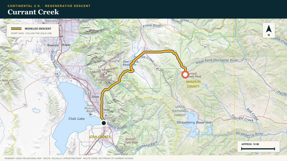 Topographic route plate for the Currant Creek descent