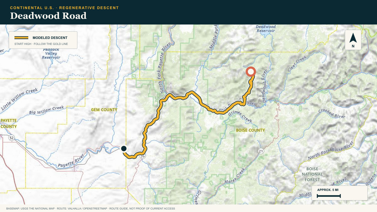 Topographic route plate for the Deadwood Road descent