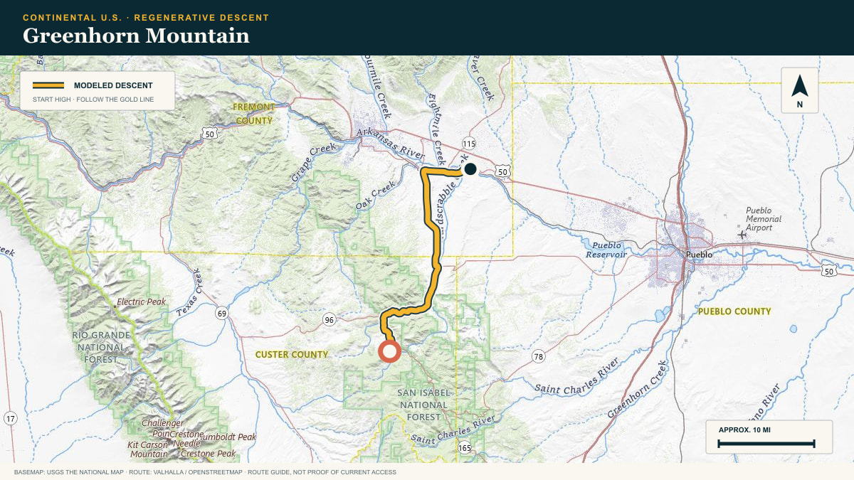 Topographic route plate for the Greenhorn Mountain descent