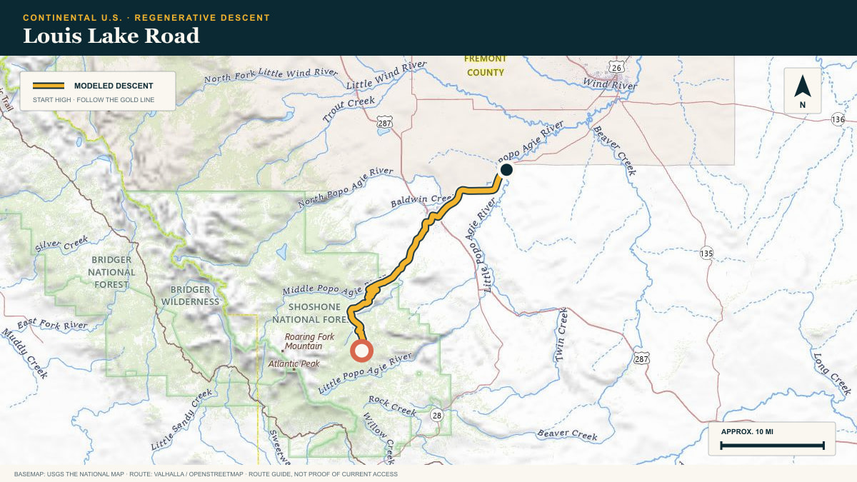 Topographic route plate for the Louis Lake Road descent