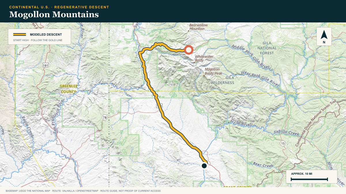 Topographic route plate for the Mogollon Mountains descent
