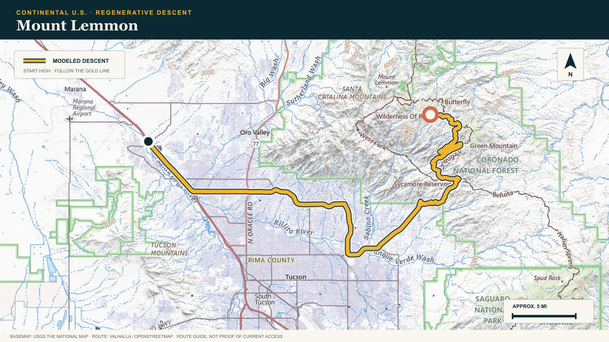 Topographic route plate for the Mount Lemmon descent