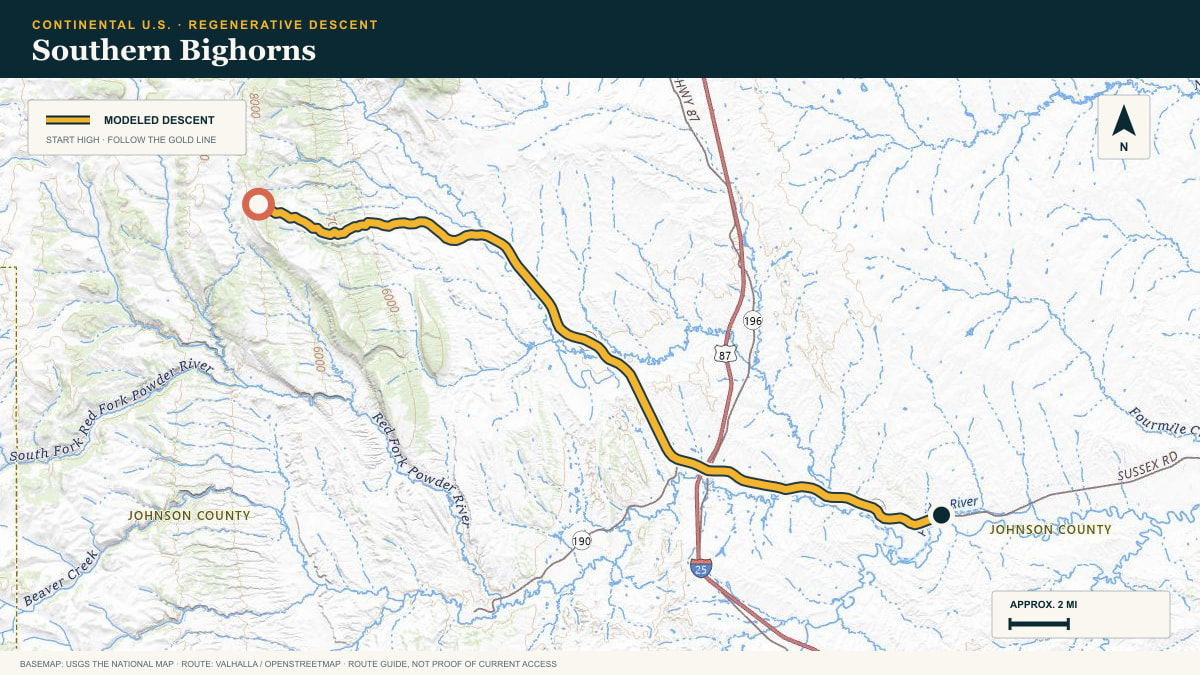 Topographic route plate for the Southern Bighorns descent