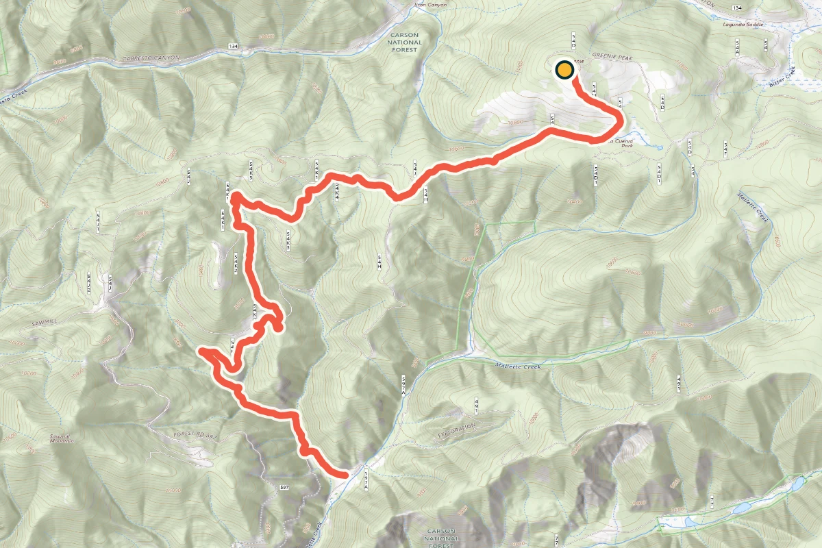 Topographic route map for Greenie Peak in New Mexico
