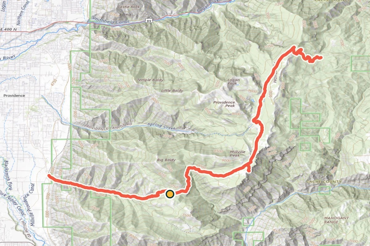 USGS topographic map of Millville Canyon Road reaching its high saddle