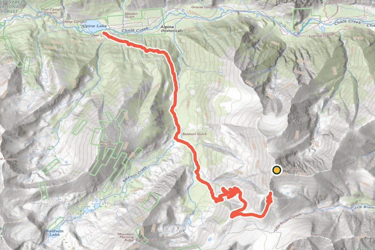 USGS topographic map of the Mount Antero road below the summit