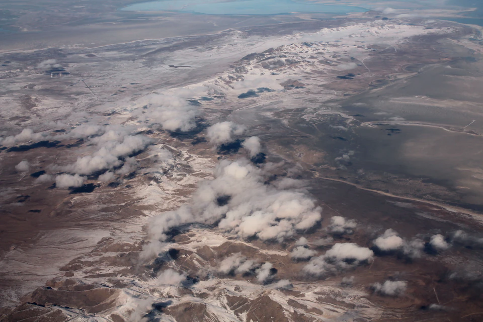 Aerial view across the arid Lakeside Mountains west of Great Salt Lake.