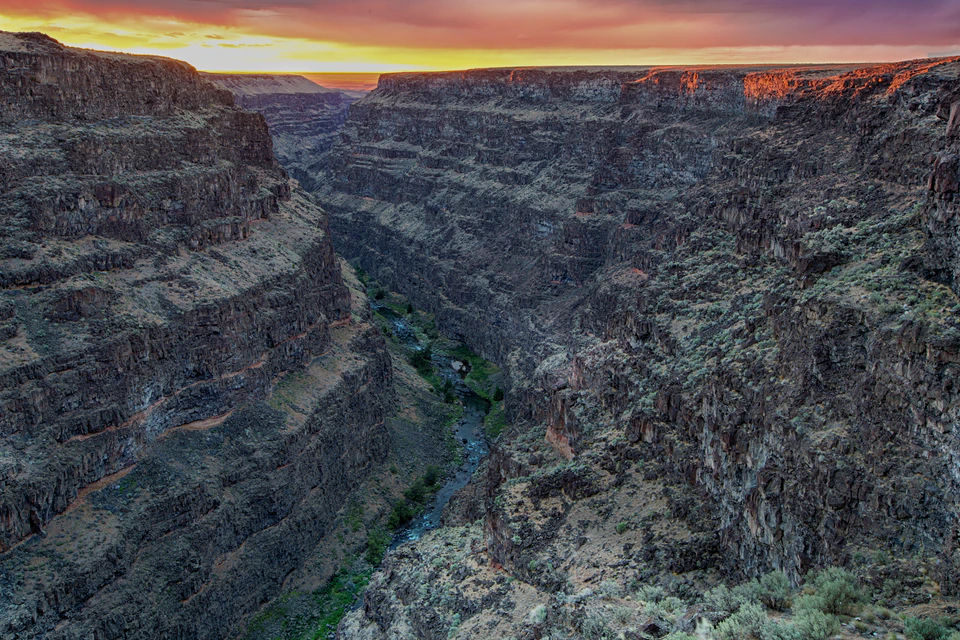 Bruneau River far below sheer layered basalt canyon walls beneath warm evening light.