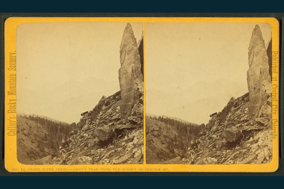 Historic mountain panorama from Glacier Mountain toward Grays Peak and surrounding Colorado summits.